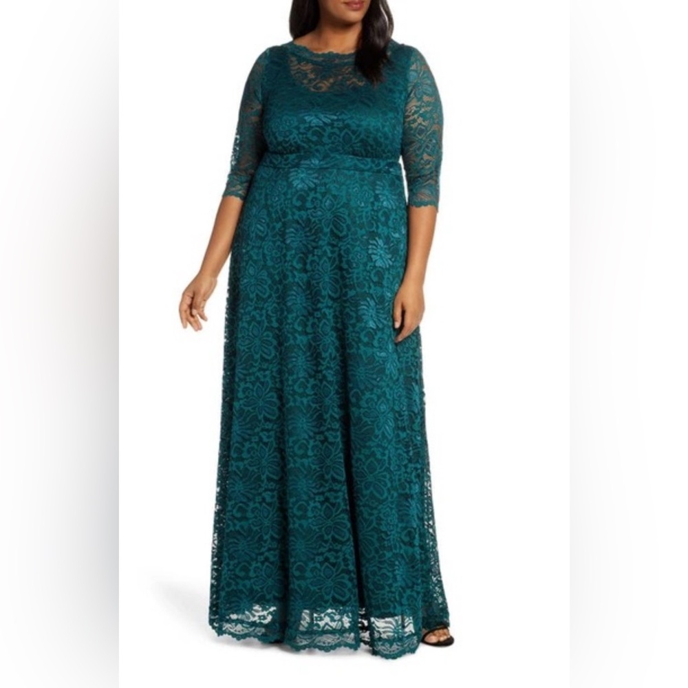 NWOT Kiyonna Leona Teal Deep Green Lace Gown, 1X 14, Fits like 0X 12